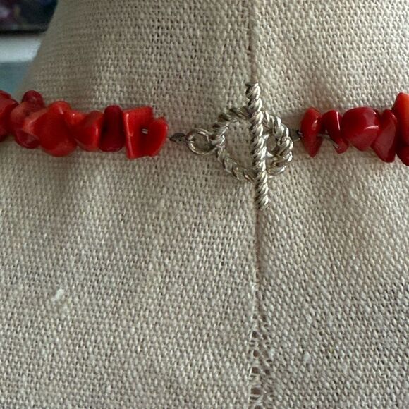 Red Coral & Pearl Pendant Necklace with Silver Tone Toggle Clasp. - Picture 8 of 8